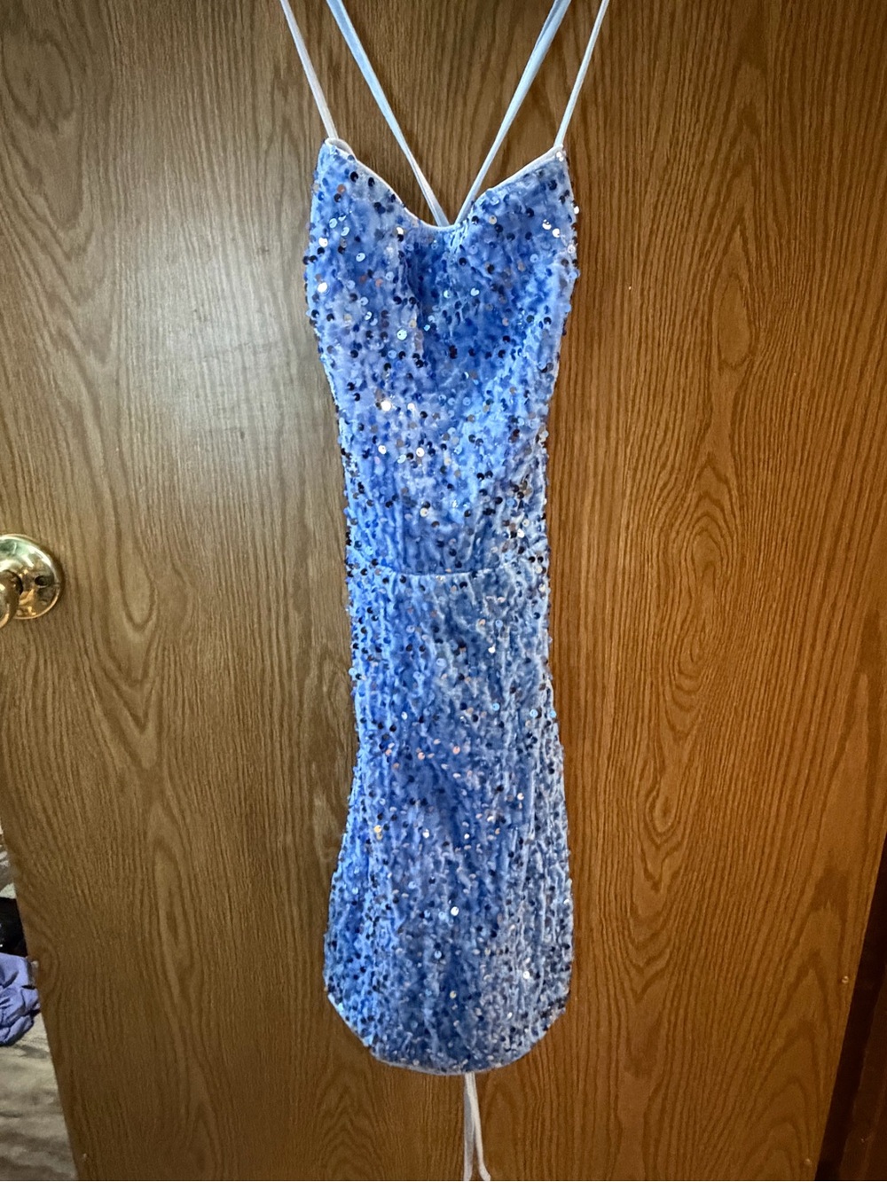 Blue Sequin Velvet Spaghetti Strap Dress
